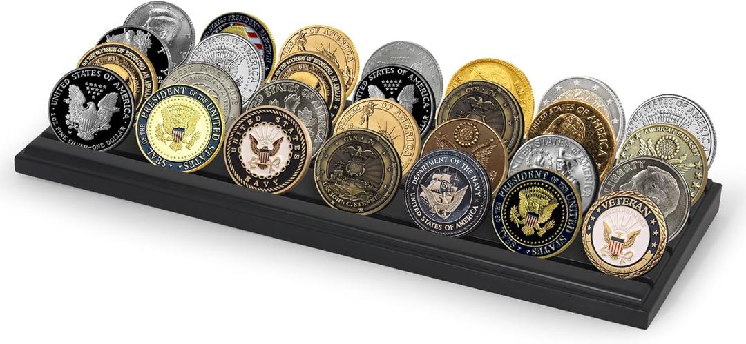 Americanflat 12x4 Challenge Coin Display with 4 Rows in Black - Military Coin Display Stand in Solid Engineered Wood - Collectible Challenge Coin Holder Display