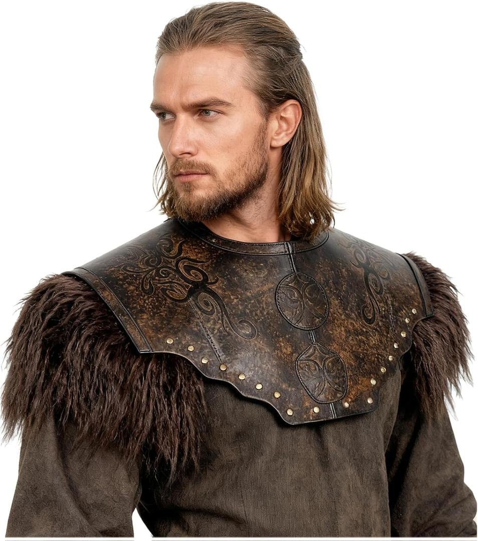 L'VOW Viking Leather Breastplate Adult Chest Armor Renaissance LARP Knight Cosplay Medieval Accessory (Brown-fur)