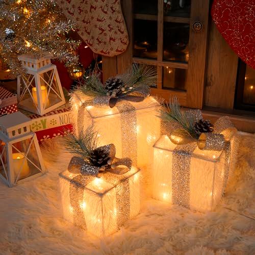 Set of 4Christmas Lighted Gift Boxes with 60 LED Lights, Plug-in Holiday Decorations for Xmas Tree, Home, Indoor Outdoor Décor(Silver)