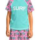 MIGU Boys Swim Set 12-14 Short-Sleeved Rash Guard Bathing Suit 2 Piece Green and Pink Patchwork Pineapple and Coconut Tree Printed Boys Swimsuit and Swim Trunks (Pink)