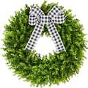 Vlorart 24" Faux Round Boxwood Wreath, Artificial Boxwood Wreath Front Door Wreaths Artificial Spring Summer Greenery Hanging with A Plaid Bow and sash for Front Door Wall Hanging Window Wedding Decor