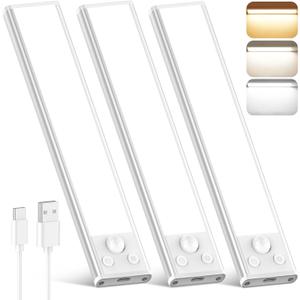 3-Pack Under Cabinet Lighting, 68LED 1800mAh Motion Sensor Lights Indoor, 3 Color Wireless Dimmable Rechargeable Battery Operated Closet Lights, Magnetic Under Counter Light Fixture for Kitchen Stair (8inch)