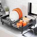 Urackify Stainless Steel Dish Drying Rack - Dish Drainer for Kitchen Counter, Extendable Drainboard with Foldable, Space-Saving Cup & Bowl Organizer, Includes Knife and Utensil Holder, Black
