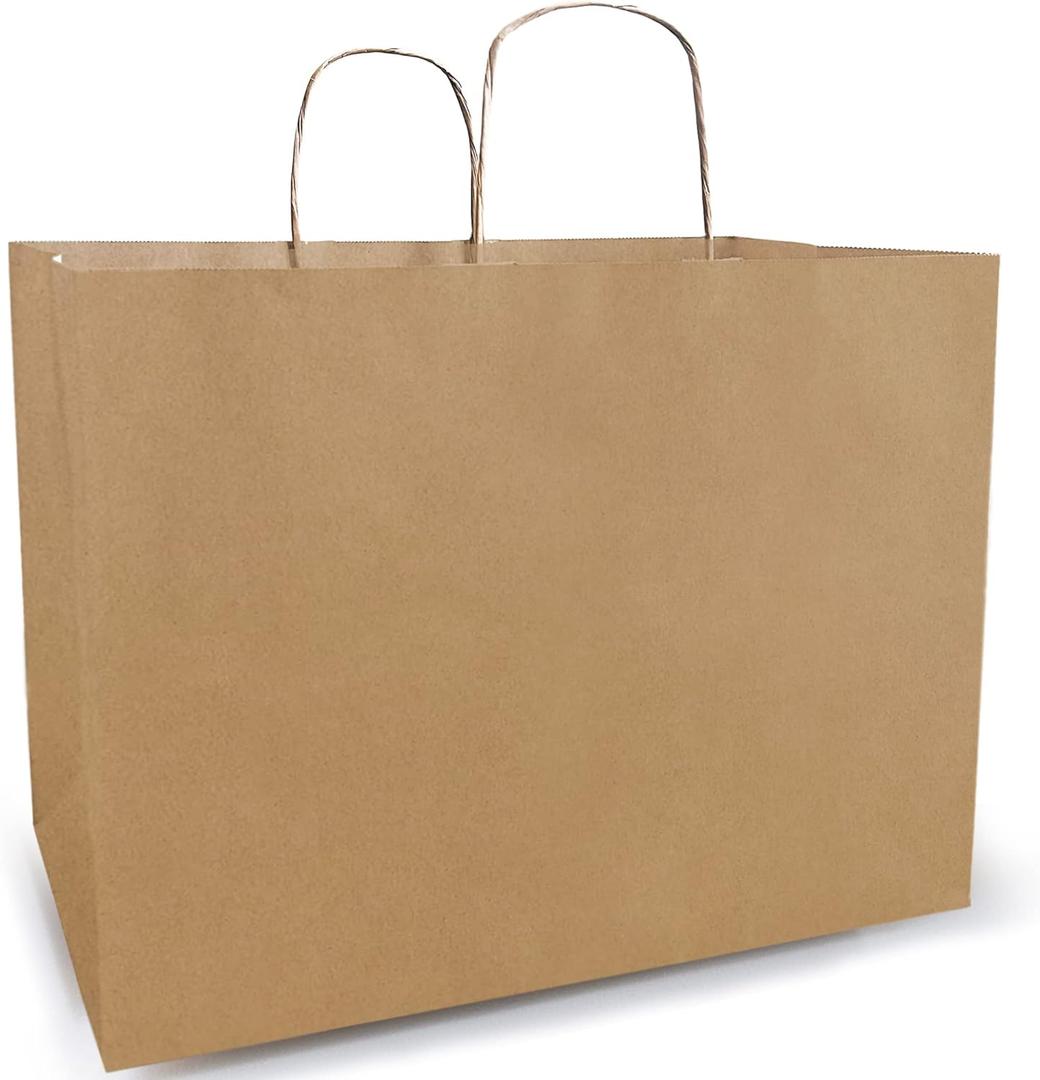 Qutuus 16x6x12 Inches 50 Pack Brown Kraft Paper Bags with Handles for Grocery, Birthdays, Retail, Small Business