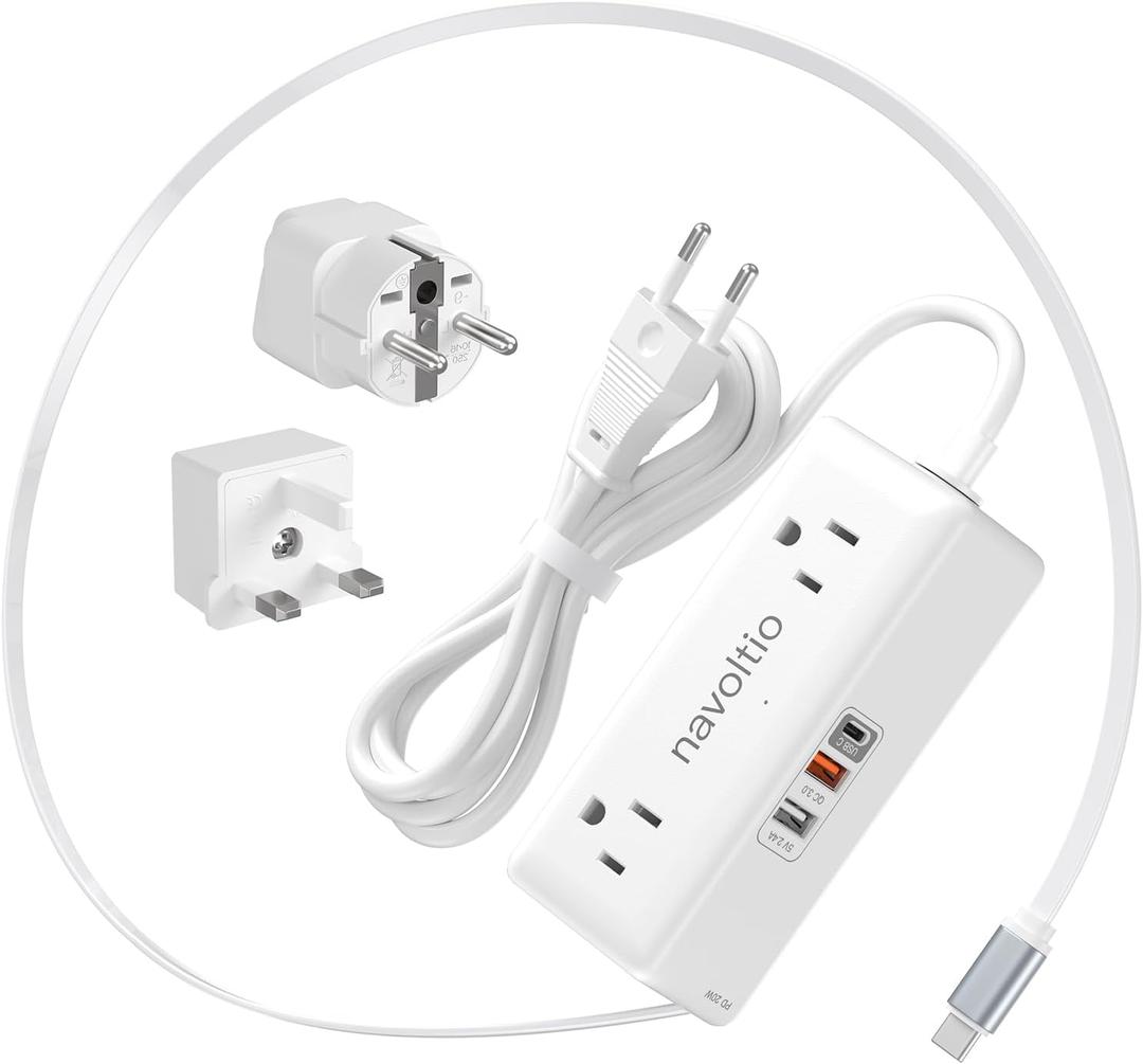 European Travel Plug Adapter, US to EU/UK Plug Adapter (PD 20W) Retractable USB C Cable with 4 AC Outlets 3 USB Fast Charge, 3FT Type C/E/F/G Adapter for UK Ireland Turkey France Italy Spain