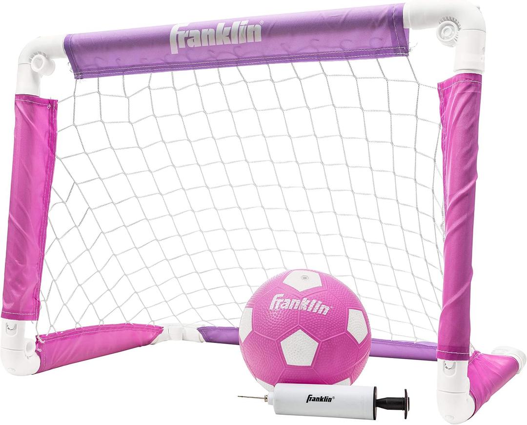 Franklin Sports Kids Soccer Goal with Ball and Pump 24inch x 16inch Folding Goal Great for Backyard or Indoor Play Pink/Purple