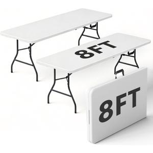 2 Pack 8FT Folding Table, Foldable Picnic Table with Carrying Handle, Heavy Duty Fold-in-Half Portable Table for Weddings, Camping, RV Travel, Parties, and Indoor Use, Easy to Fold and Store, White
