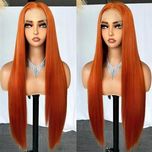 SOKU 13x6 Ginger Lace Front Wigs Pre Plucked,32 Inch Long Straight Synthetic Hair Wig,HD Transparent Lace Glueless Wigs,Free Part Orange Silky Straight Wig for Fashion Women