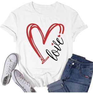 Valentines Day Shirt for Women Love Heart Printed T-Shirts Casual Summer Tee Tops (White, XL)