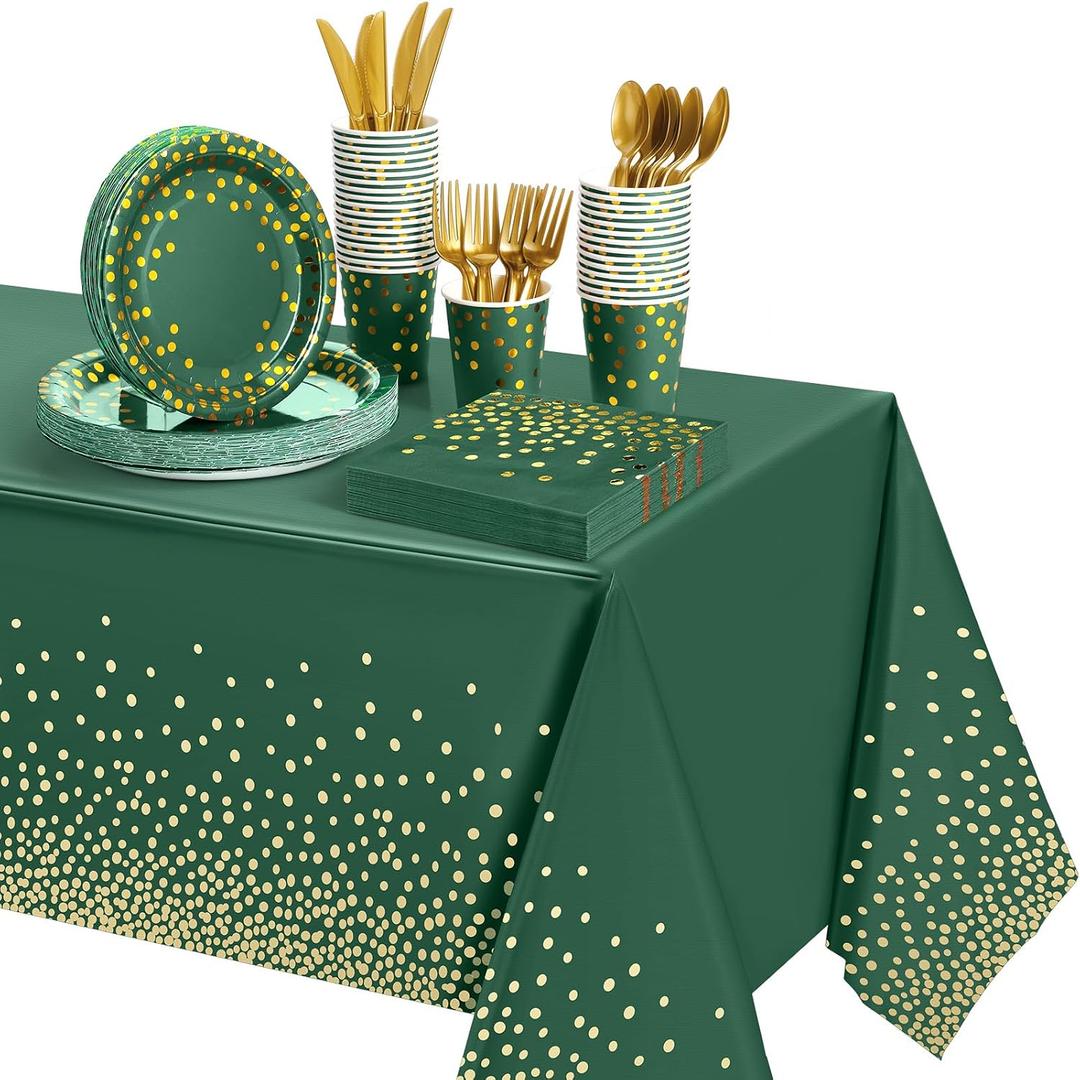 Tegeme 256 Pcs Graduation Dark Green and Gold Dot Party Supplies Decoration Paper Plates Birthday Napkin Cup Set Disposable Emerald Tablecloth Fork Knives Spoon Serve 36 Guest for Wedding Baby Shower