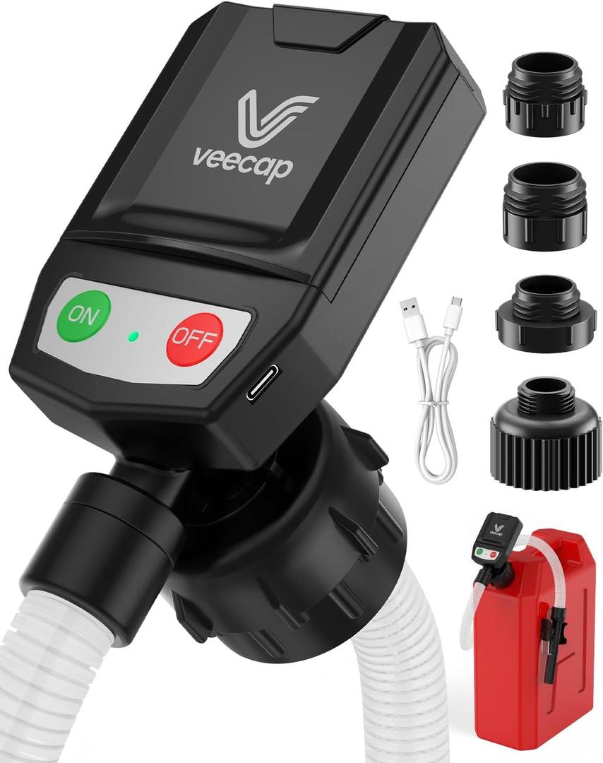 Electric Fuel Transfer Pump with Smart Auto-Stop – 3.8↑ GPM Portable Gas Can Pump with 51" Hose, 4 Adapters & Leak Guard – Battery or USB-C Powered for Gasoline, Diesel, Kerosene - Onyx Charcoal