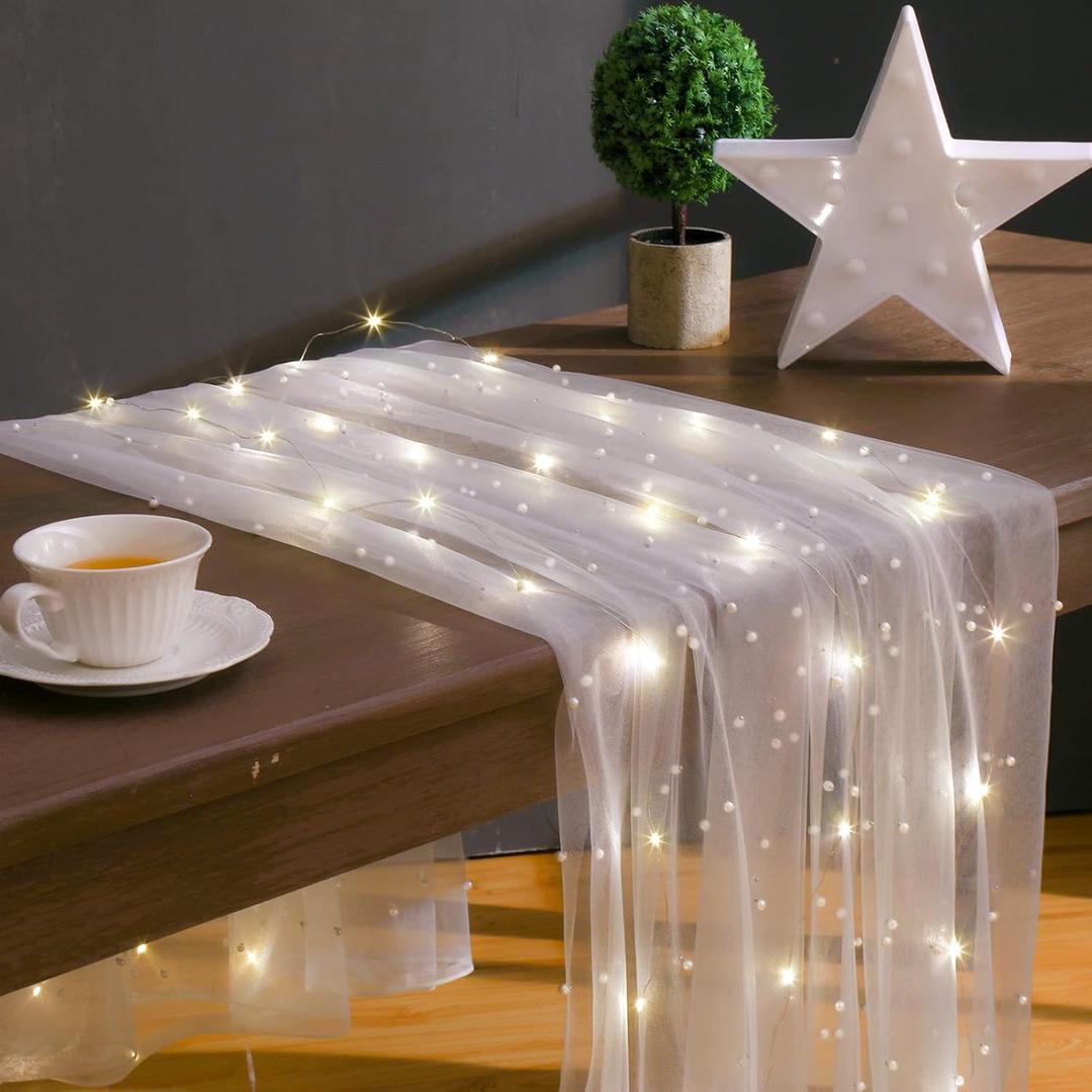 10 ft 64 x 120 Inch White Tulle Table Skirt with LED Lights White Pearl Chiffon Table Runner Tulle Wedding Sweetheart Decor Pearl Arch Decorations Outside Wedding Ceremony