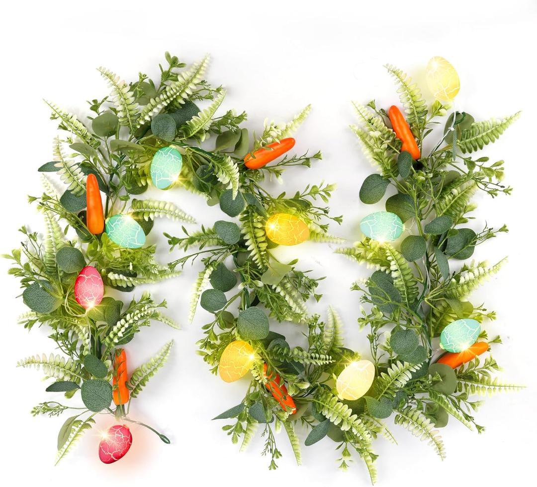 N&T NIETING 6 FT Easter Artificial Garlands with 10 Glowing Eggs & 6 Carrots, Fern Garland for Home Kitchen Fireplace Indoor Outdoor Holiday Party