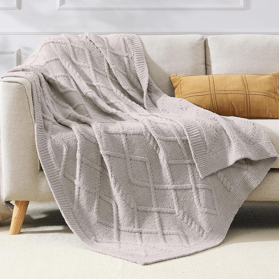 WRENSONGE Light Grey Throw Blanket for Couch, Soft Cozy Warm Knitted Throw Blanket for Bed, Weaving Patterns Blanket for Living Room, Sofa, Chair, Camping, Travel Bed Blanket - 50"*70"