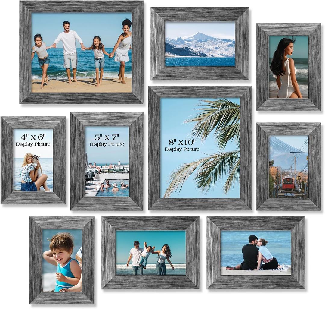 TWING Collage Picture Frames Wall Decor 10 Pack, Gallery Wall Grey Picture Frame Set for Wall or Tabletop Display, Multi Sizes with Two 8x10, Four 5x7, and Four 4x6 Photo Frames