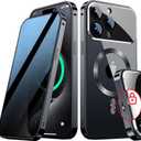 [Full Camera Protection& Mechanical Lock]Magnetic Privacy Case for iPhone 15 Pro Max[Compatible with MagSafe][CD Metal Ring] Full Body Shockproof Metal Bumper, 9H Anti Peeping Glass Cover-Black