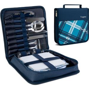 Picnic Set for 2 - Includes 16 Pcs, Portable Travel Utensils with Case, Reusable Camping Cutlery Plates, Stainless Steel of Spoons and Forks, for Hiking, Camp, BBQ, Gift (Blue)