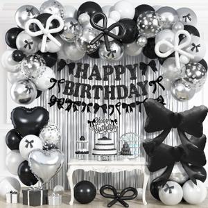 Black Bow Birthday Decorations, Coquette Bow Black and White Silver Balloons with Happy Birthday Banner Fringe Curtain Cake Toppers for Women Girls Baby Shower Party Supplies