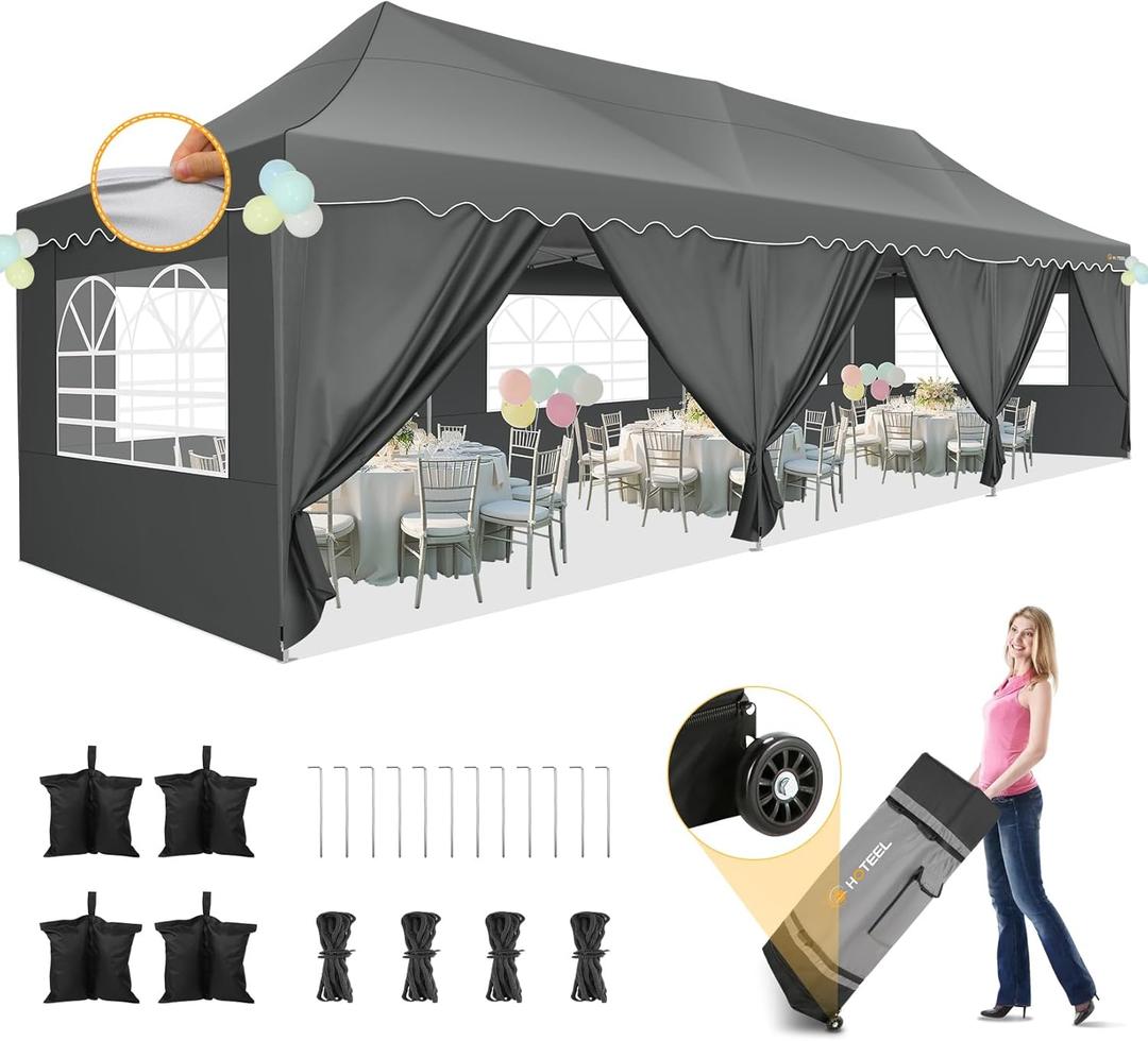 HOTEEL 10x30 Pop Up Canopy with 8 Sidewalls, UV 50+ and Waterproof Party Tent 1030, Thickened Frame, Large Space Easy Pop Up Canopy, Outdoor Canopy for Weddings, Beaches, Parties, Patio (Grey) (Gray)