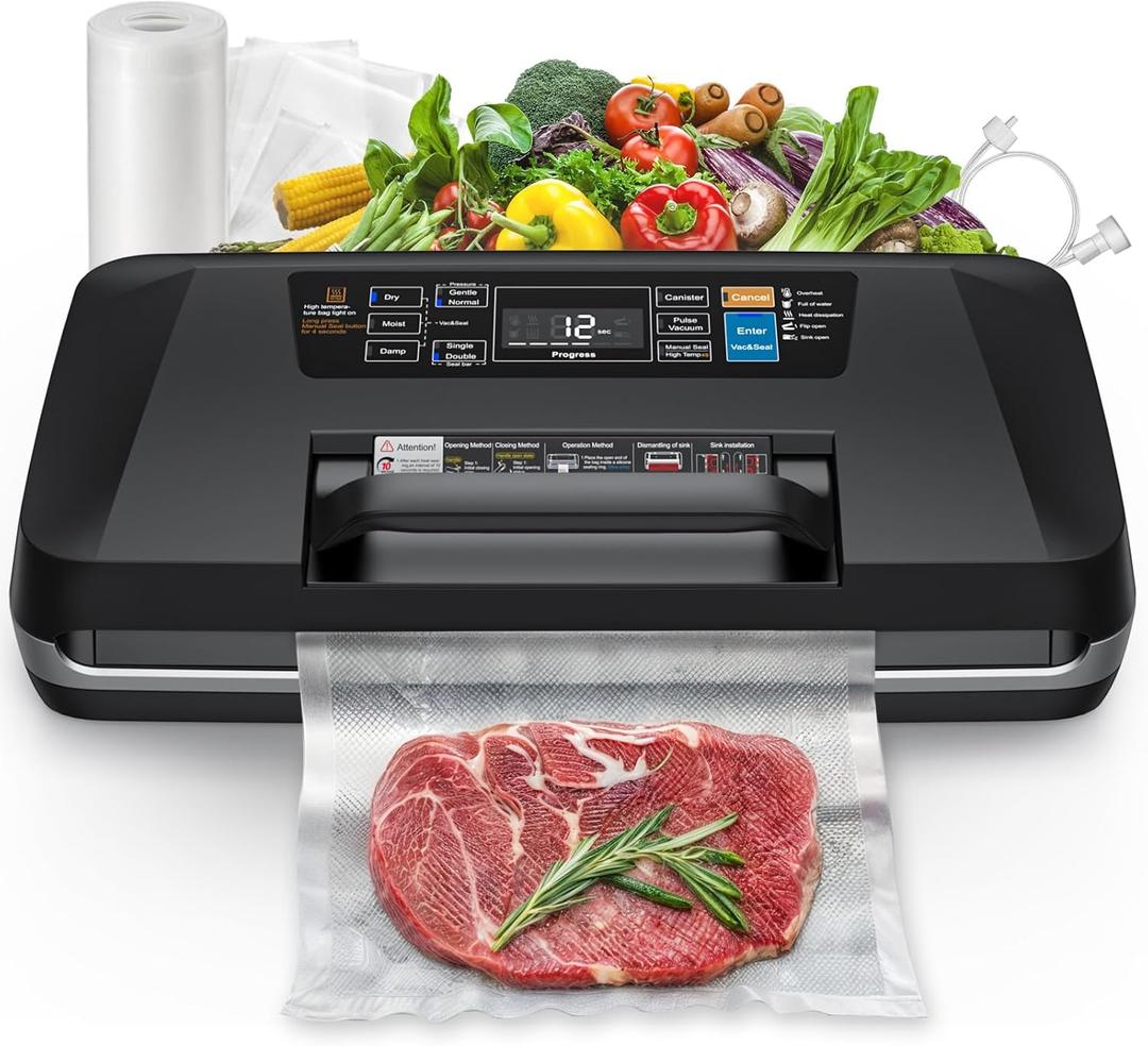 95kpa Vacuum Sealer, Commercial Fully Automatic Food Sealer, Powerful Sealing System, Double Heat Seal, Built-in Cutter and Bag Storage, 1 Roll Bag and 10 Precut Bags (Black)