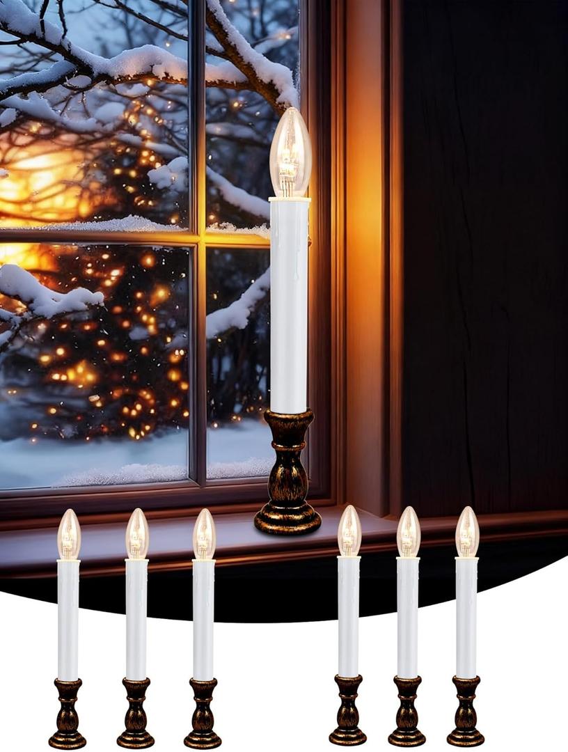 Christmas Window Candle Lights with Timer, 10" Ultra Bright LED Battery Operated Window Candles with Antique Bronze Base (6/18 Hour Timer) for Indoor Table Mantel Party Window Decor-6 Pack