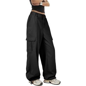 Zando Women's Cargo Pants Baggy Parachute Pants Joggers Y2k Trendy Stretchy High Waist Wide Leg Trousers with Pockets (Large, Black)