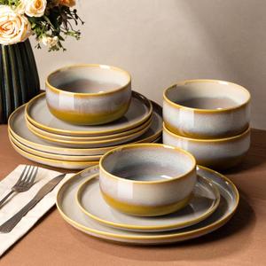 TheTerra Ceramic Dinnerware Sets for 4, 12 Pieces Handmade Reactive Glaze Plates and Bowls Set, Scratch Resistant Dish Set, Oven & Microwave & Dishwasher Safe, Autumn Haze
