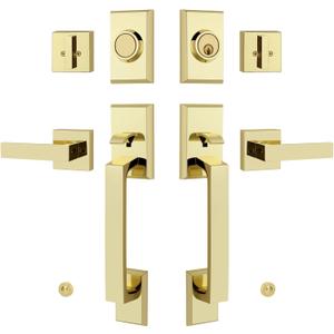 Double Front Door Lock Set, Keyed Entry Front Door Handleset with Dummy, Square Heavy Duty Door Lever and Single Cylinder Deadbolt Combo, Polished Brass
