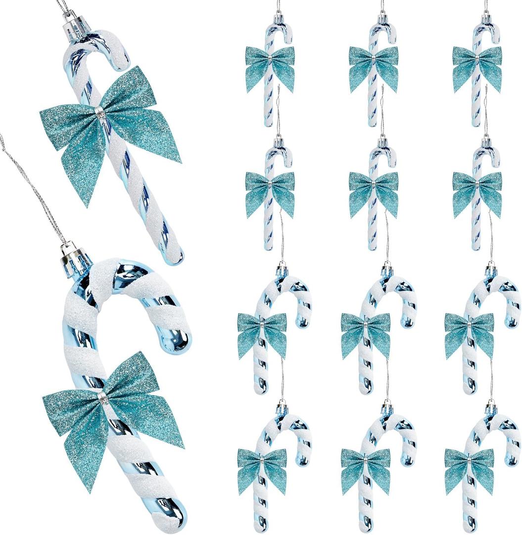 24 Piece Glitter Candy Cane and Bows Assorted 4.7" Christmas Decorations Hanging Ornaments for Xmas Tree Holiday Festive Party Home Dcor (Sky Blue)