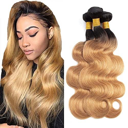 Ombre Human Hair Bundles 1B27 Honey Blonde Bunldes Body Wave Bundles Human Hair Wet And Wavy Bundles Real Unprocessed Virgin Weave Hair For Black Women(30 30 30) inch