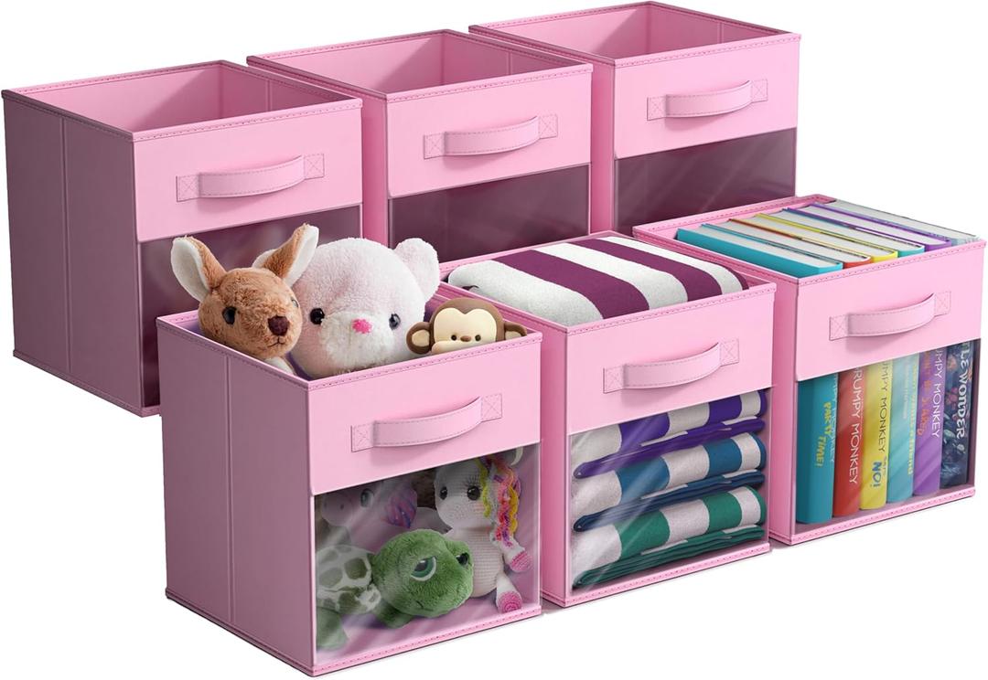 Sorbus 11 Inch Storage Bins with Clear Window - 6 Foldable Baskets for Organizing Clothes, Toys, Books - Sturdy Collapsible Fabric Storage Cubes with Handle - Storage Baskets for Shelves, Closets (Pink)