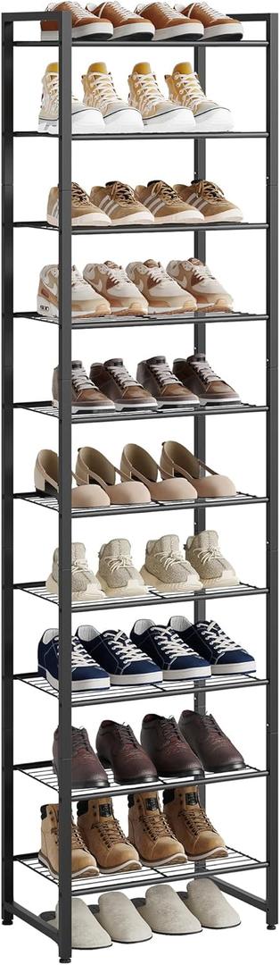 Narrow Shoe Rack, 10-Tier Metal Shoe Organizer,Tall Shoe Shelf with Anti-Tip Strap, Max Holds 20 Pairs,Space Saving for Closet,Entryway,Black
