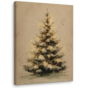 WODMIS Vintage Christmas Tree Wall Decorations Framed Canvas Art, Farmhouse Moody Neutral Winter Xmas Tree Decor Canvas Home Decorations for Farmhouse Home Bedroom Living Room Wall Decor 11x14