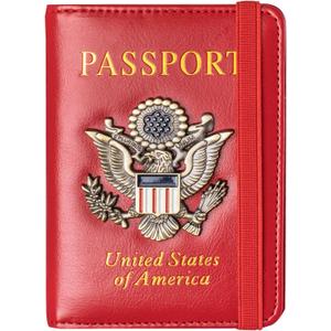 Passport Holder Cover and Card Case Slot Combo RFID Blocking Leather Travel Passport Wallet for Men and Women US Passport Protector Document Organizer,Bright Red