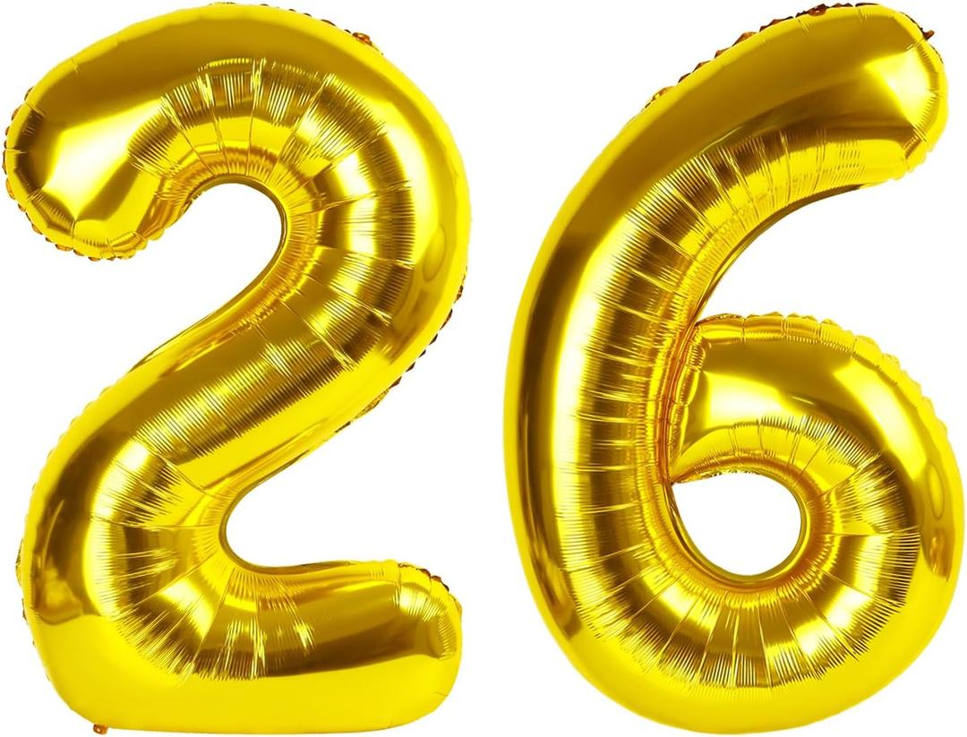 Gold Number 26 Balloon 40 inch, 26 Number Balloons, 26th Gold Birthday Decorations, 26 Year Old Women Men Golden Party Supplies