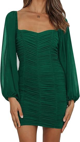 Women's Long Puff Sleeve Mesh Paneled Square Neck Ruched Bodycon Above Knee Sexy Nightclub Party Dress, M, Green