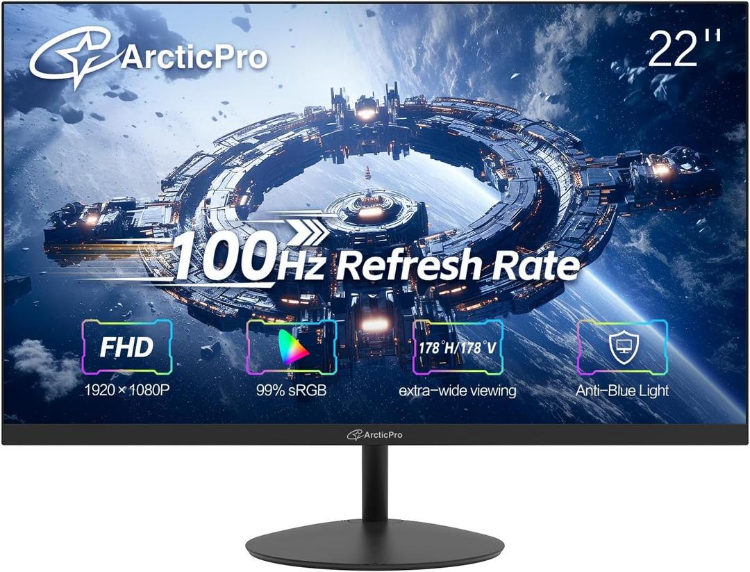 ArcticPro 22 inch 100Hz Monitor, Full HD (1920 x 1080p) Computer Monitor, 105% sRGB, 3000:1 Contrast, 3-Sided Frameless, Ultra Slim, VESA, LowBlue Mode, Tilt Adjust, HDMI *1, VGA*1