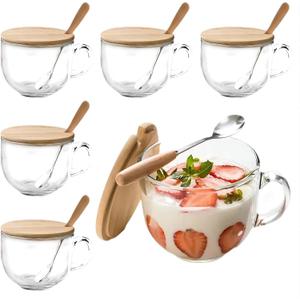 Sliner 6 Sets 16 oz Large Glass Coffee Mugs Gifts with Bamboo Lids Spoons Handle Vintage Clear Glass Tea Cups Jumbo Cute Coffee Bar Accessories for Hot Cold Iced Beverage Latte Glassware
