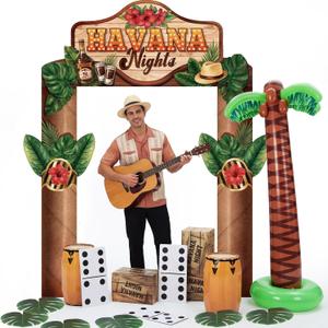 16 Pcs Hawaiian Theme Party Decorations Include Backdrop Banner Cardboard Conga Drum Paper Boxes Domino Inflatable Coconut Palm Tree Palm Leaves for Summer Tropical Photo Booth Props