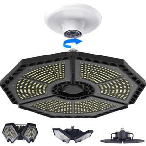 KERNOWO LED Garage Lights, 140W 18500 Lumens Garage Lighting, 6000K Daylight with Deformable Three Panel Ceiling Light Fixture E26/E27 Triple Glow LED Shop Light for Basement Workshop Warehouse (Black)