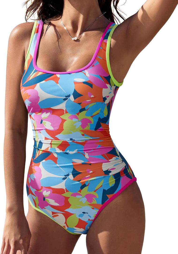 SUUKSESS Women Sexy One Piece Tummy Control Swimsuit Shell Stitched Bathing Suit (Medium, Neon Floral)