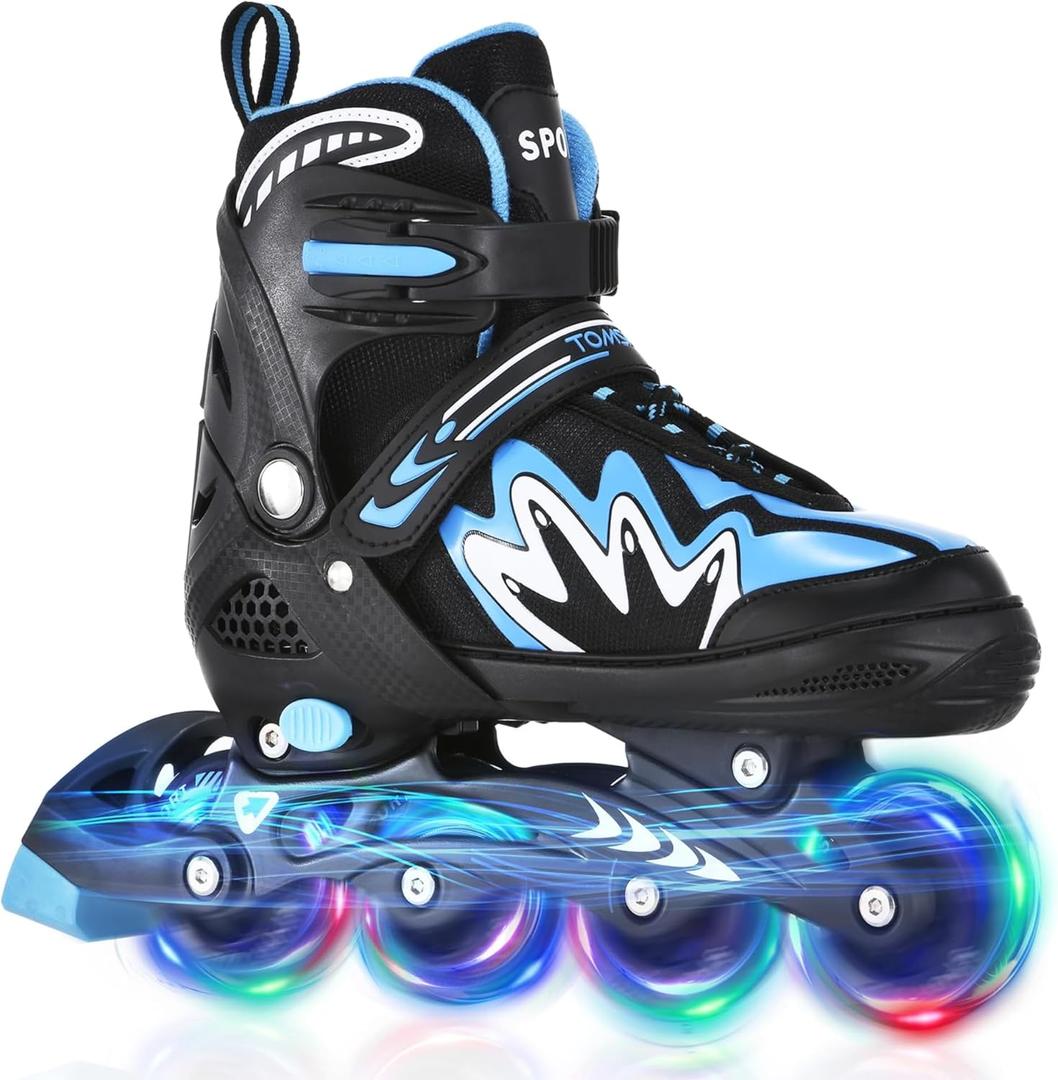 TOMSHOO Adjustable Inline Skates for Kids Outdoor Roller Skates with Full Light Up Wheels Roller Blades for Girls and Boys Birthday Gift (Small - Little Kid (10C-13C), Blue)
