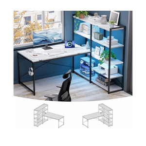 Pamray L Shaped Computer Desk with Reversible Side Storage Shelves, 49 Inch Gaming Desk with Power Outlets and Led Lights, PC Table for Home Office and Bedroom Marble