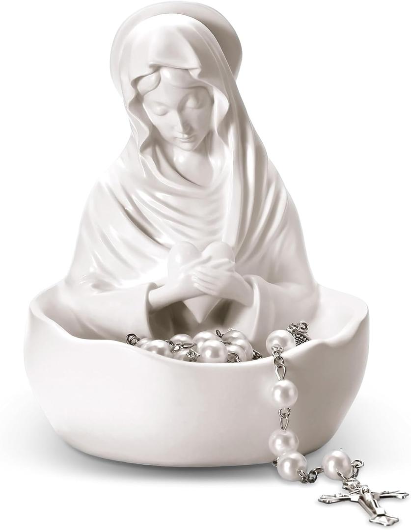 Our Lady of Grace Statue Virgin Mary Keepsake Rosary Holder, 5" Blessed Mother Statues, Resin Relic, Catholic Gifts for Women Religious Home Decor (White)