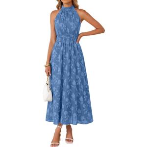 Simplee Womens Summer Halter Maxi Dress Boho Floral Wedding Guest Dress Flowy Sleeveless Long Sundresses with Pockets (Blue, S)