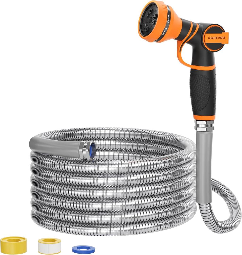 Girafe Tools Garden Hose 50ft x 3/4", 304 Stainless Steel Metal Water Hose, No Kink Garden Water Hose with 9 Pattern Spray Nozzle, Flexible, Lightweight, Kink Free Hose for Yard, Outdoor Girafe Tools Garden Hose 50ft x 3/4", 304 Stainless Steel Metal Water Hose, No Kink Garden Water Hose with 9 Pattern Spray Nozzle, Flexible, Lightweight, Kink Free Hose for Yard, Outdoor