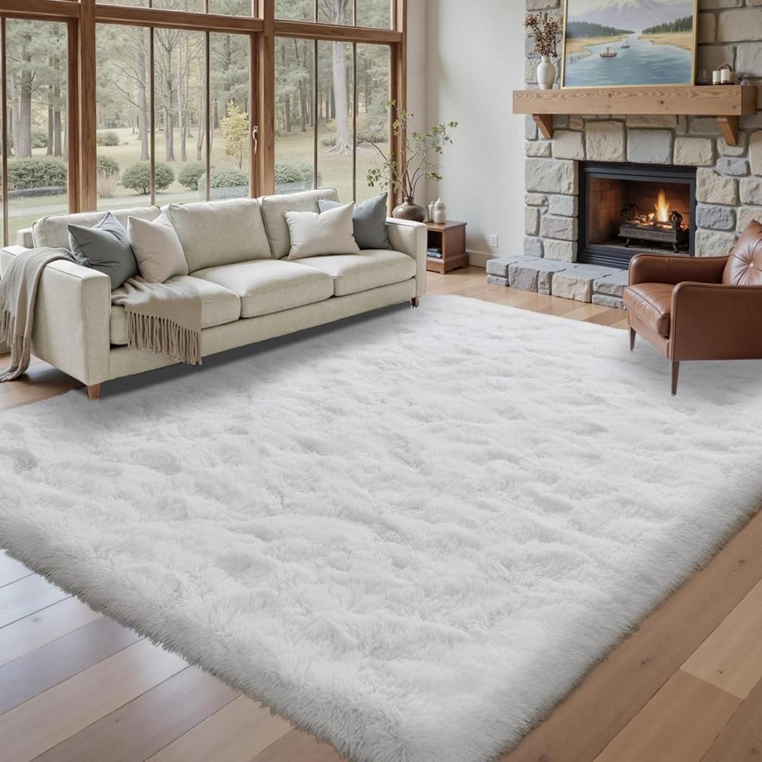 8x10 ft Fluffy White Rugs for Living Room Soft Fuzzy Bedroom Area Rug Non-Slip Shaggy Carpet for Nursery Kids PlayRoom Dorm Office Indoor Modern Plush Carpet Teens