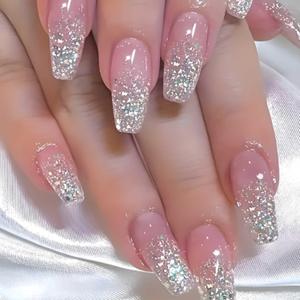 Hkanlre Bling Press on Nails Long Fake Nails Tips Full Cover Sequins False Coffin Nails for Women and Girls 24PCS