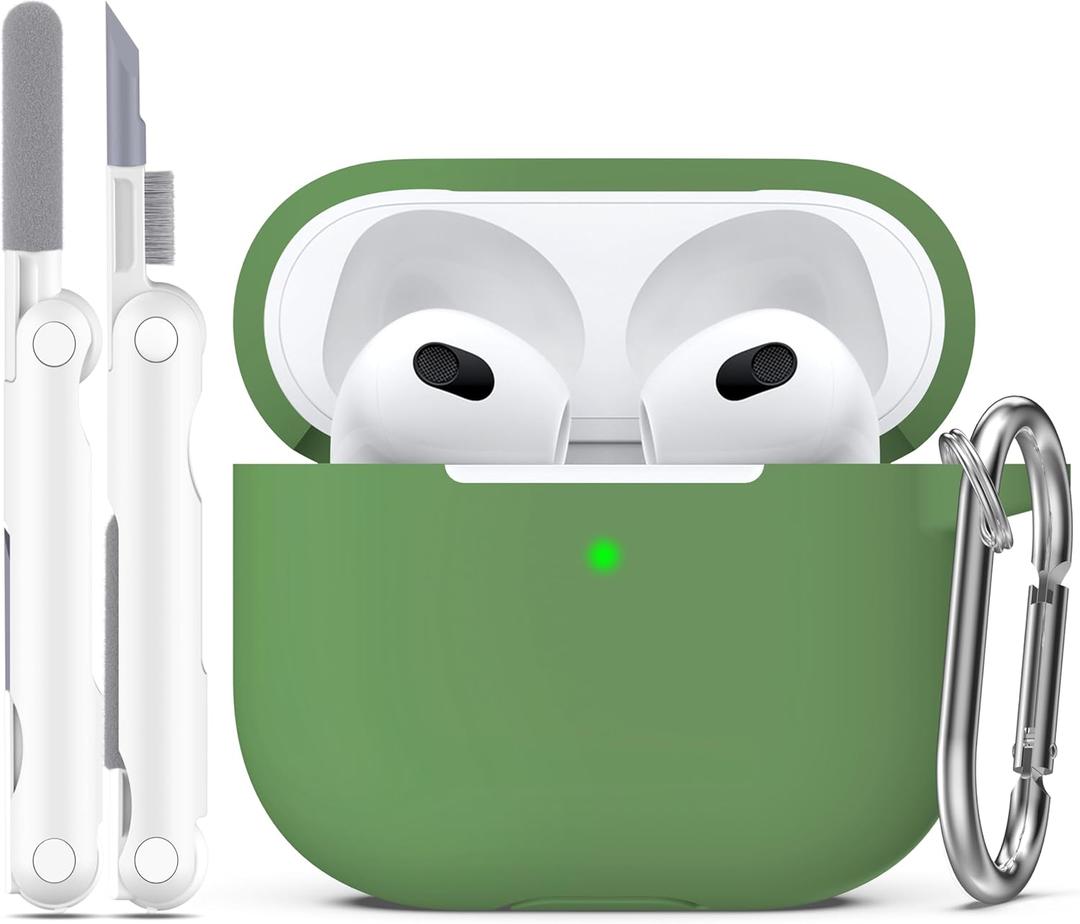 R-fun Compatible with AirPod 3 Case Cover, Silicone Protective Accessories Skin with Keychain Compatible with Apple AirPod 3rd Generation 2021 for Women Men Girls Boys,Front LED Visible,Grass Green