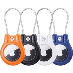 IPX8 Waterproof for AirTag Holder - 4 Pack Lock Case with Keychain for Apple AirTag 1st & 2nd Generation, Air Tag Keyring with Wire Cable, Secure AirTag Cover for Keys, Kids, Luggage, Bags, Pet Collar (BLACK+BLUE+WHITE+ORANGE)